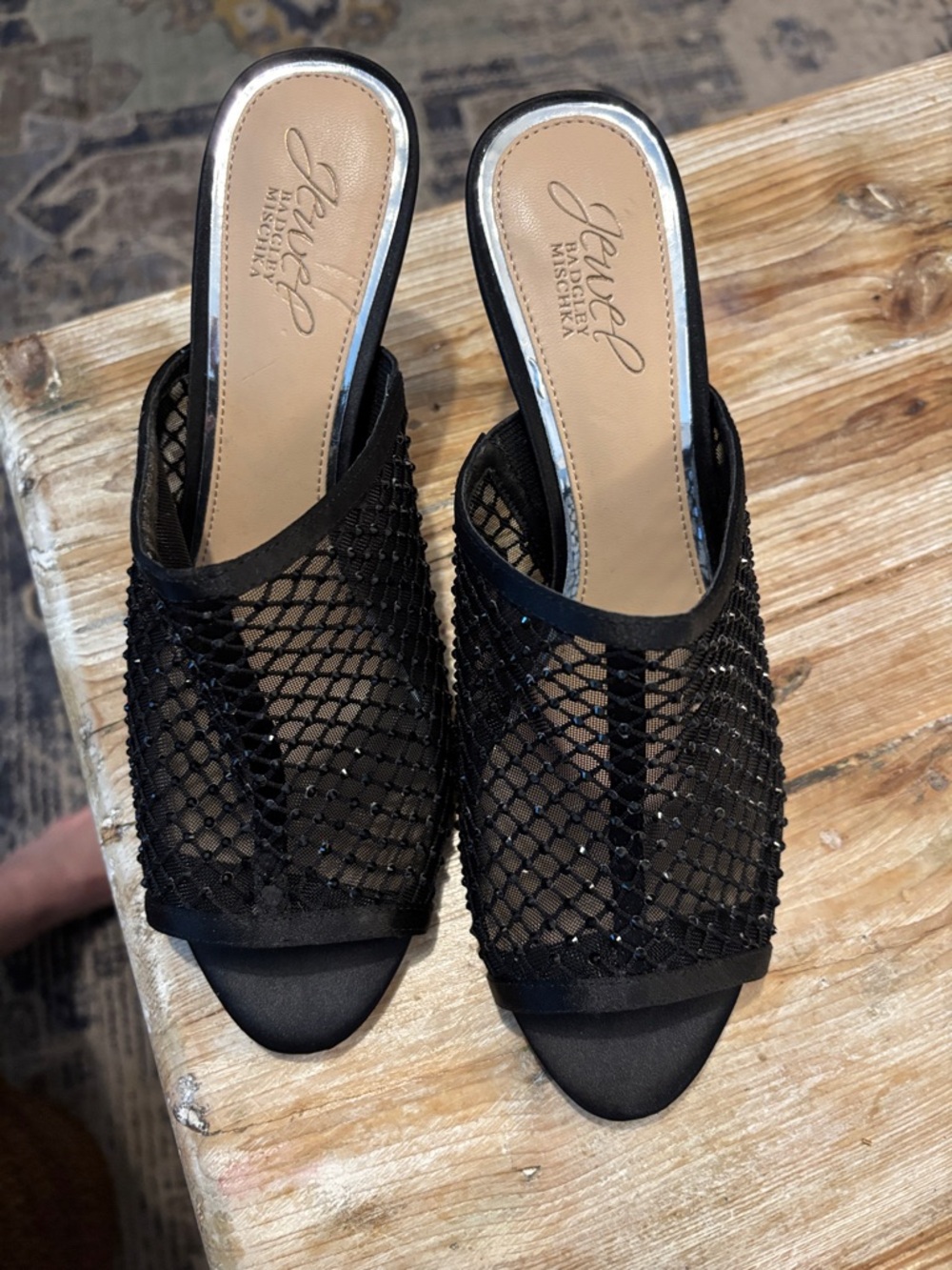Jewel Badgley Mischka Black Beaded Mesh Slide Mules